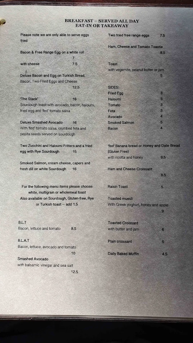 Menu, Fed Blue Mountains