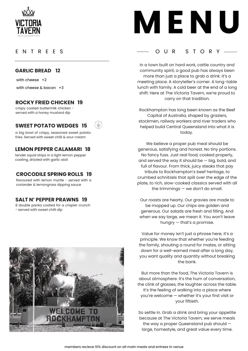 Menu, The Victoria Tavern