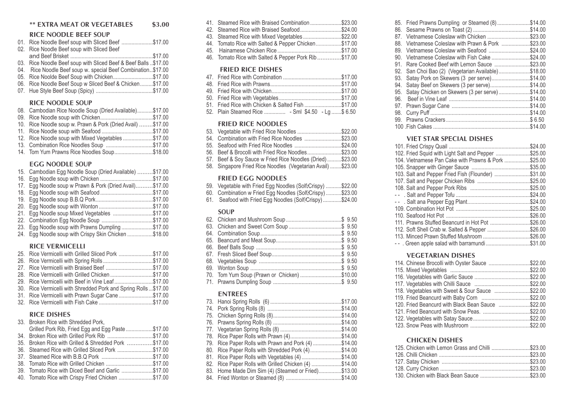 Menu, Viet Star