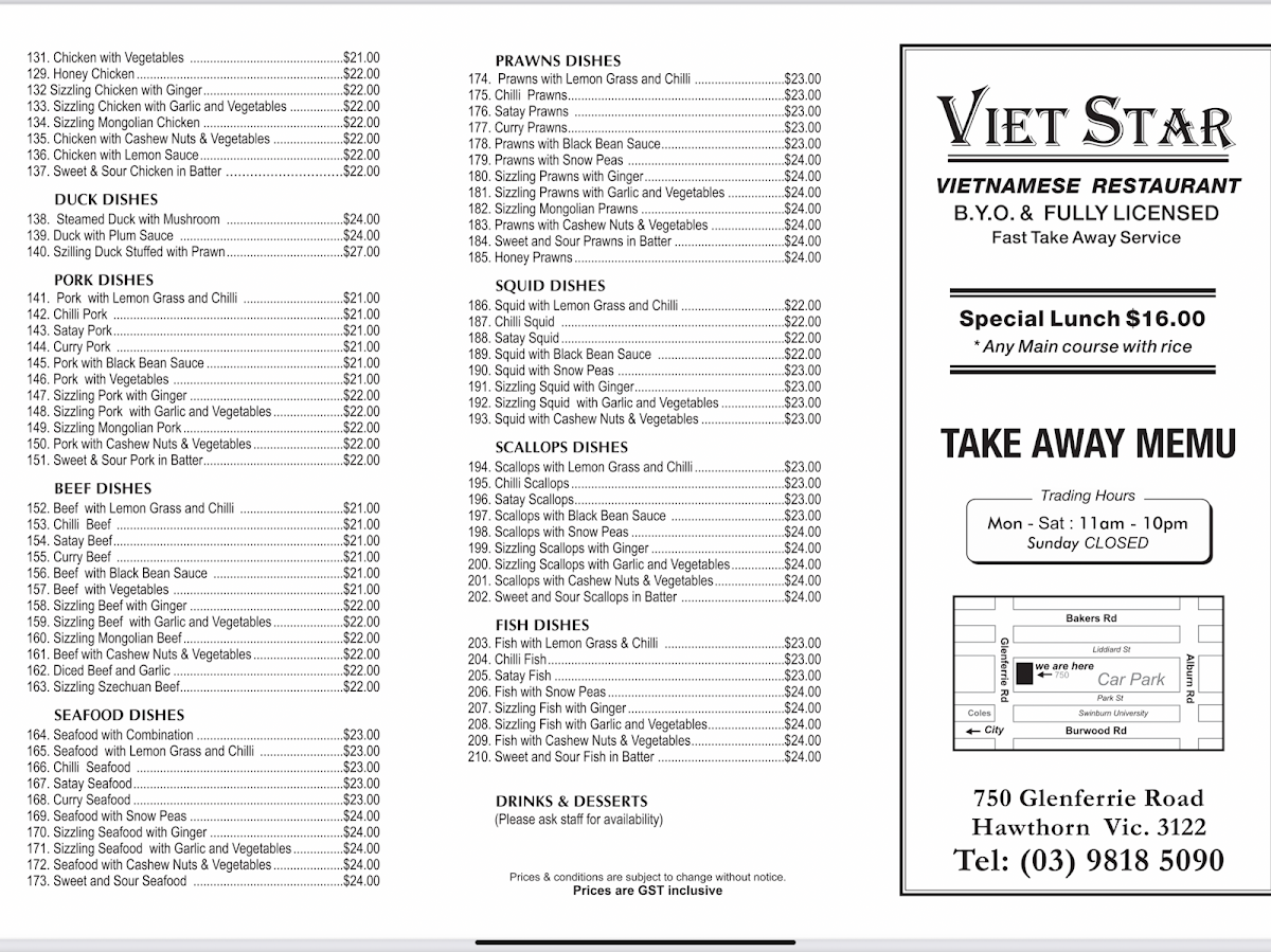 Menu, Viet Star