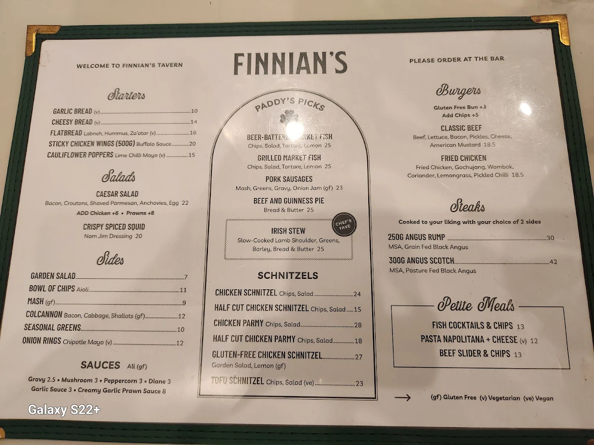 Menu, Finnian's Irish Tavern