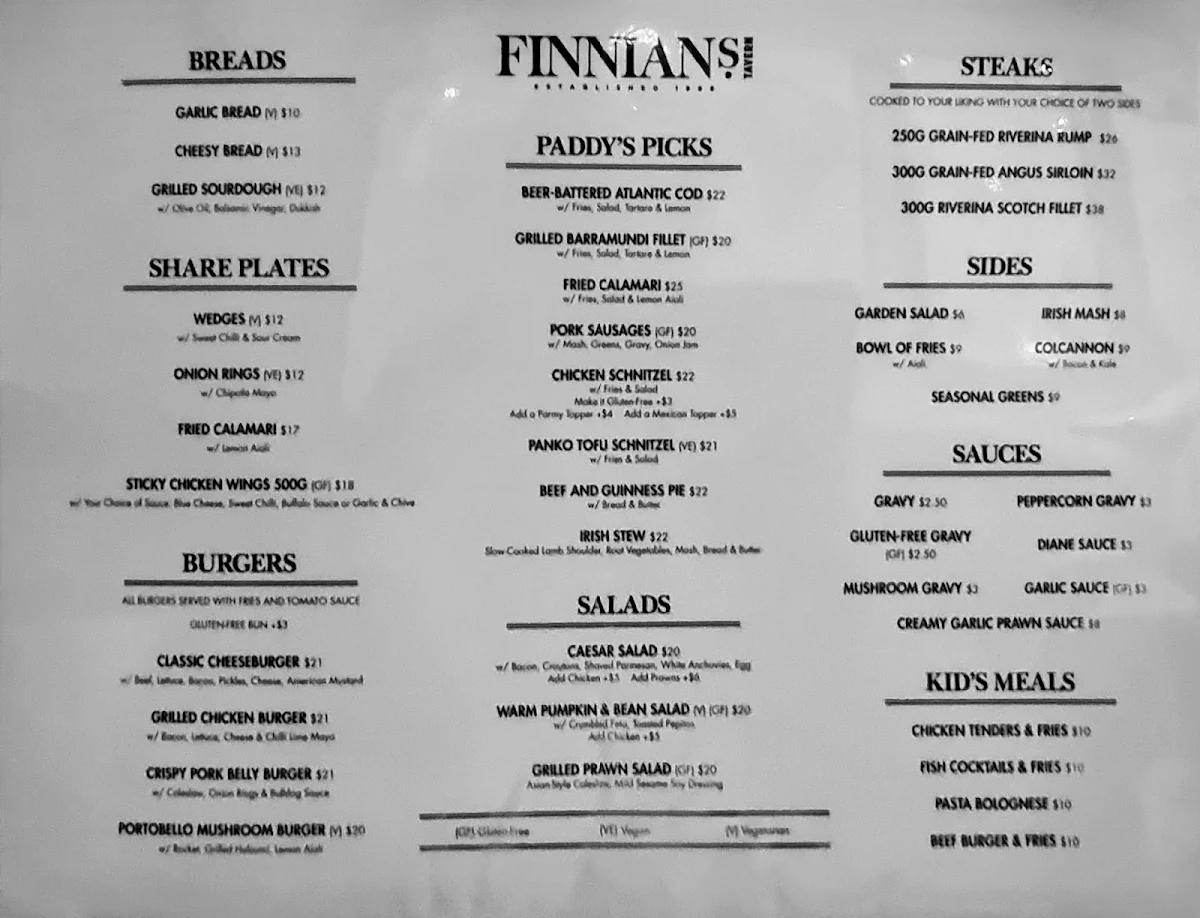 Menu, Finnian's Irish Tavern