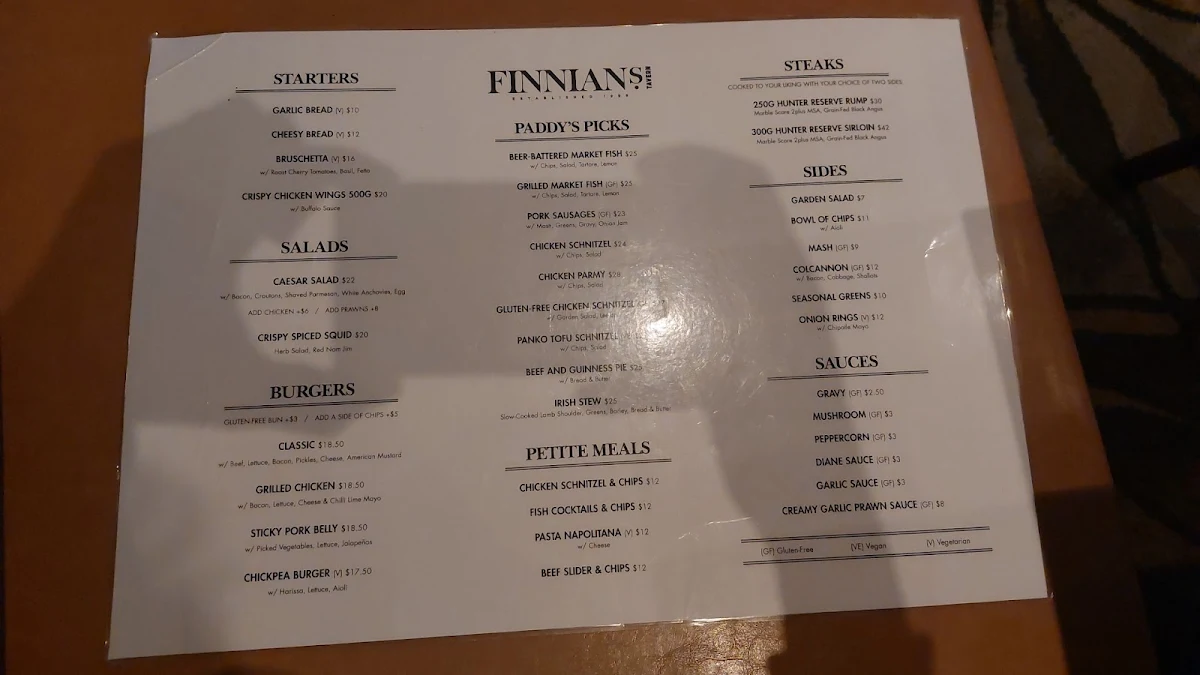 Menu, Finnian's Irish Tavern