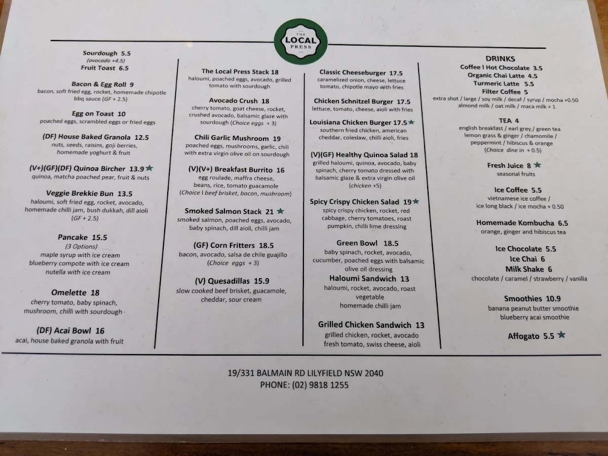 Menu, The Local Press Lilyfield