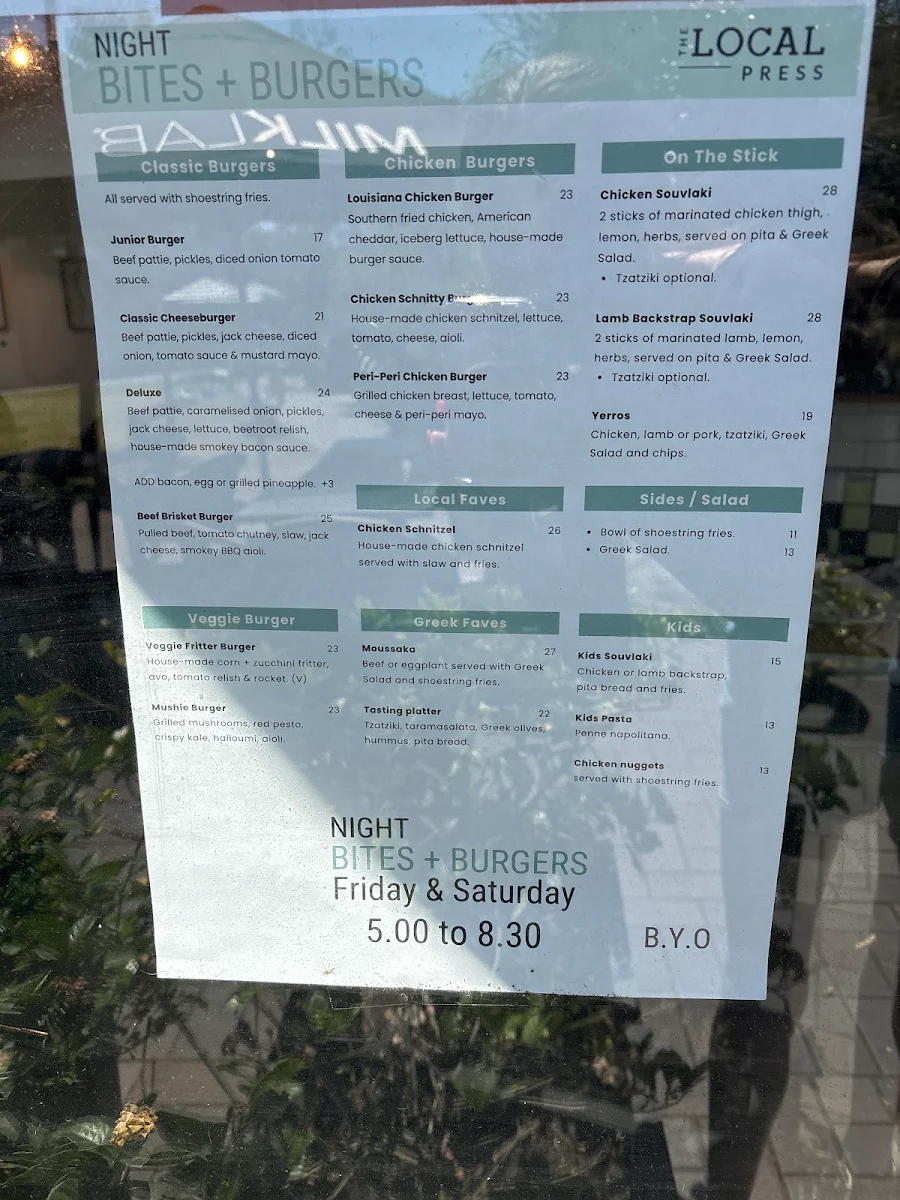 Menu, The Local Press Lilyfield