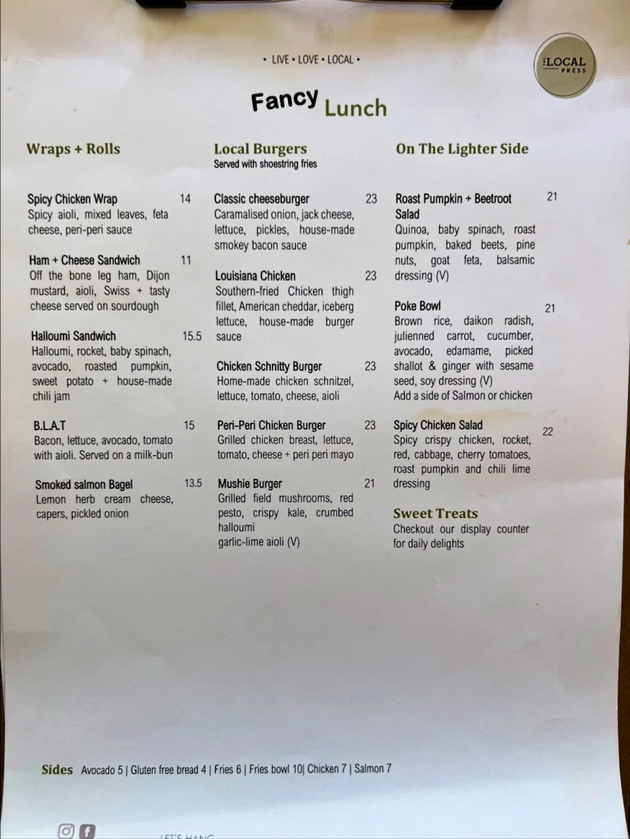 Menu, The Local Press Lilyfield