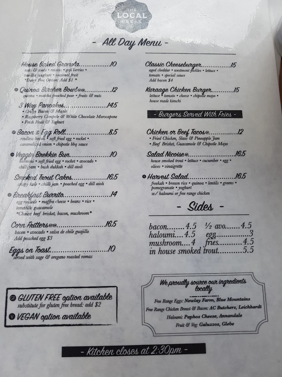 Menu, The Local Press Lilyfield