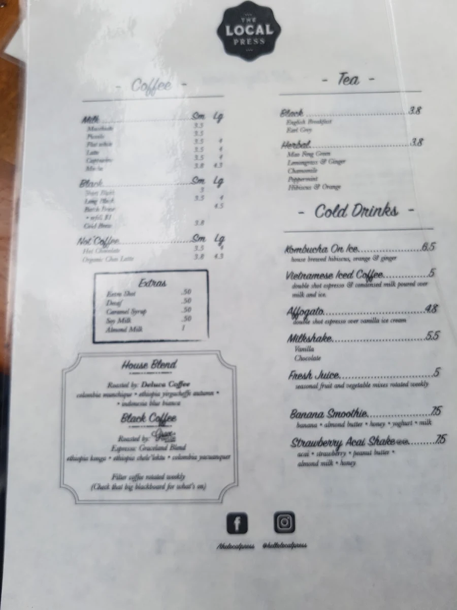 Menu, The Local Press Lilyfield