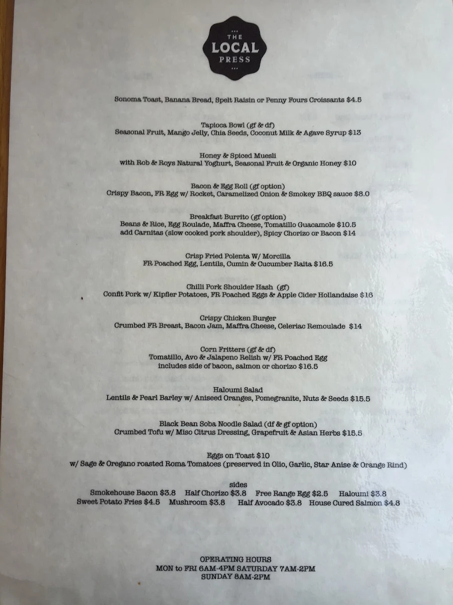 Menu, The Local Press Lilyfield