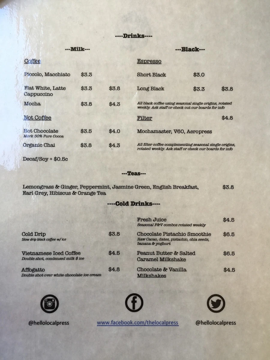 Menu, The Local Press Lilyfield