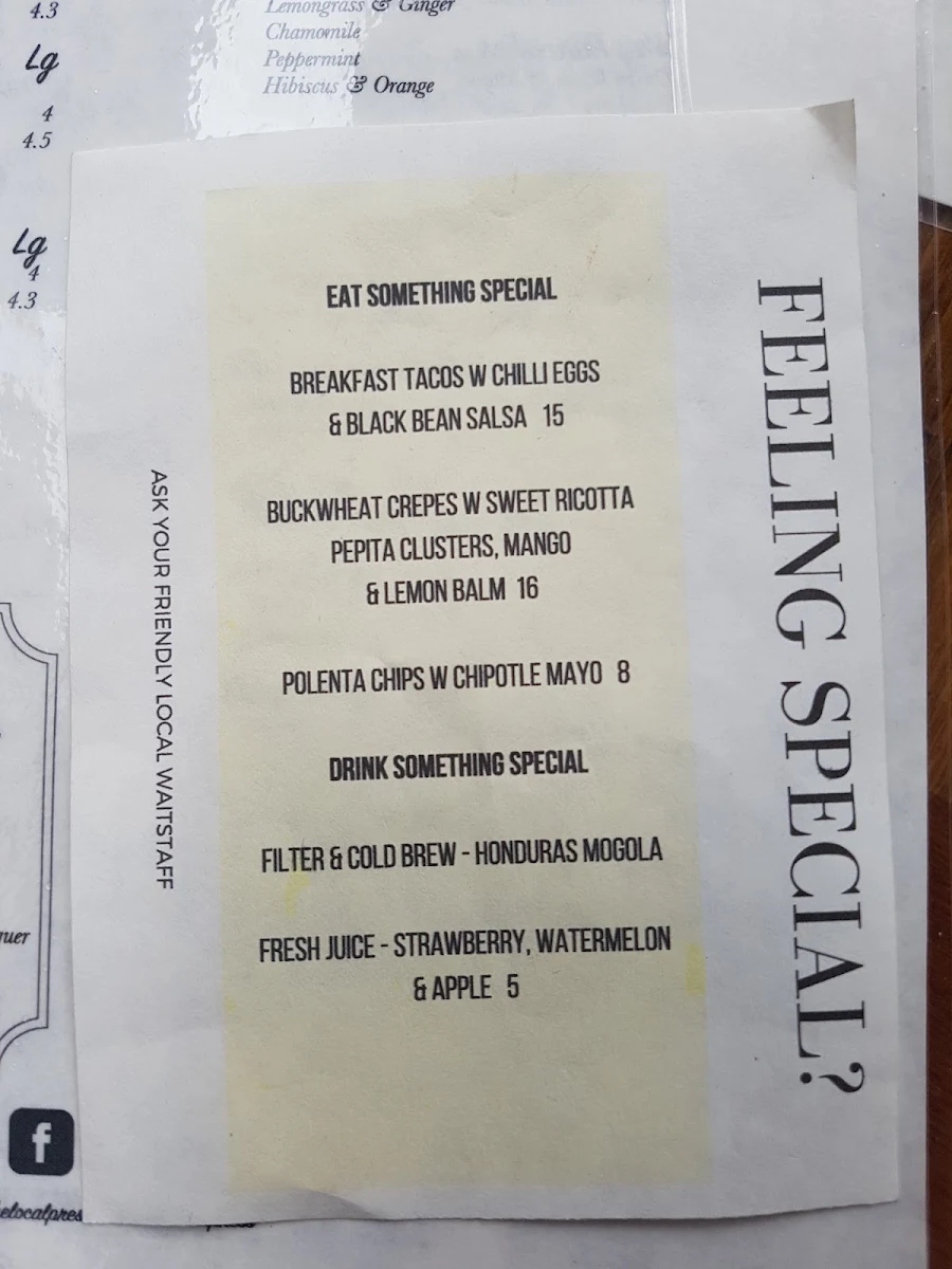 Menu, The Local Press Lilyfield