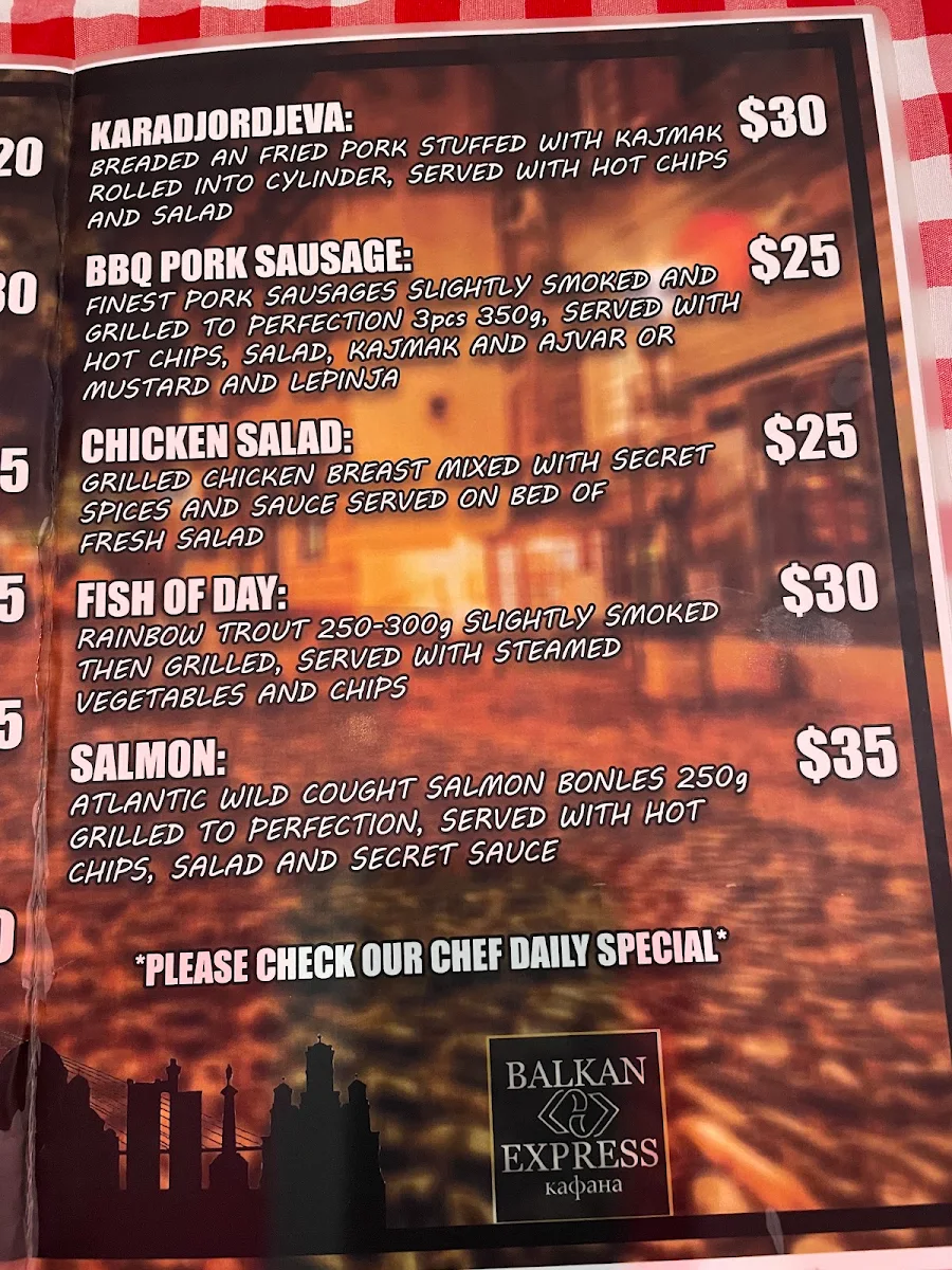 Menu, Balkan Express Adelaide