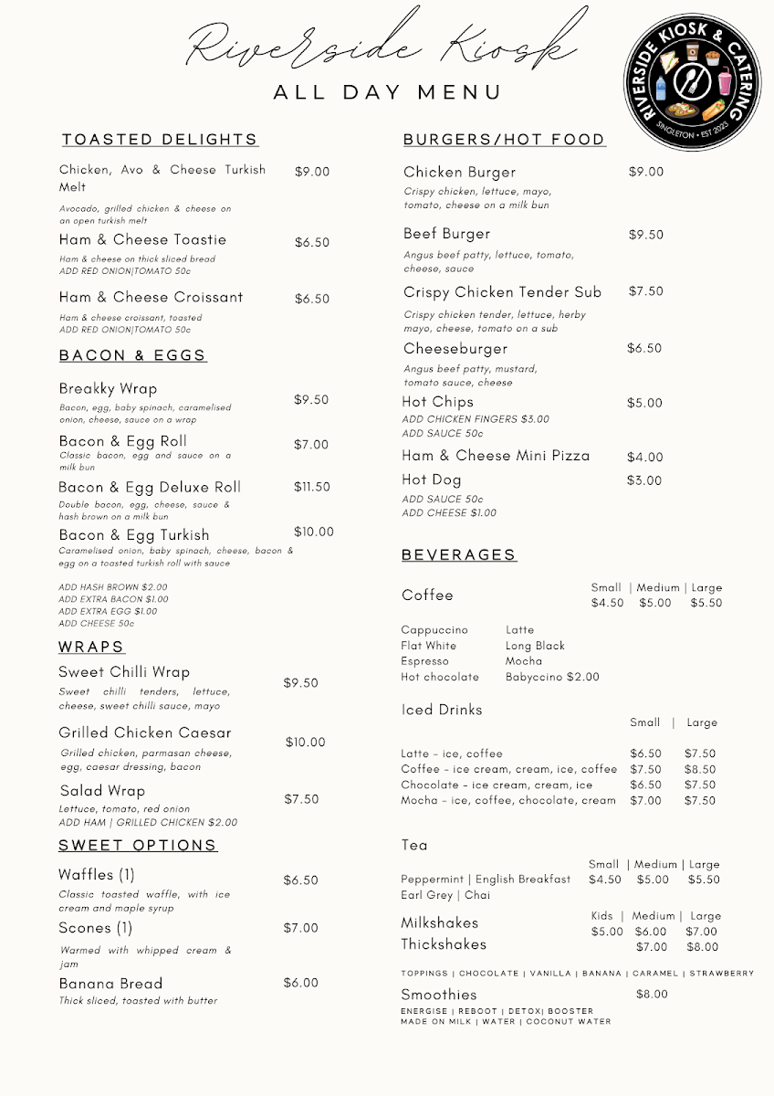 Menu, Riverside Kiosk