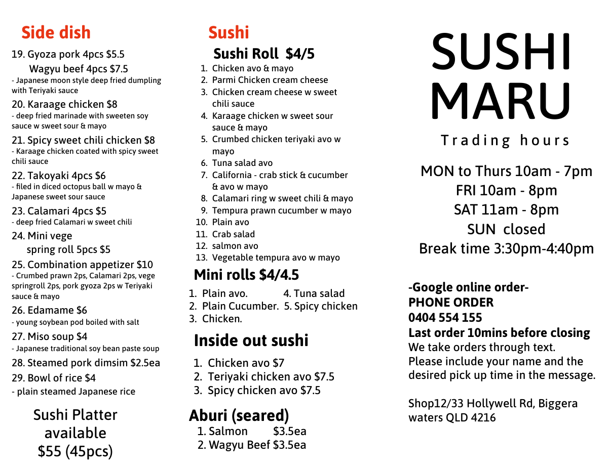 Menu, Sushi Maru GC
