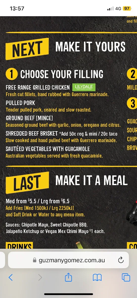 Menu, Guzman y Gomez - Griffith University