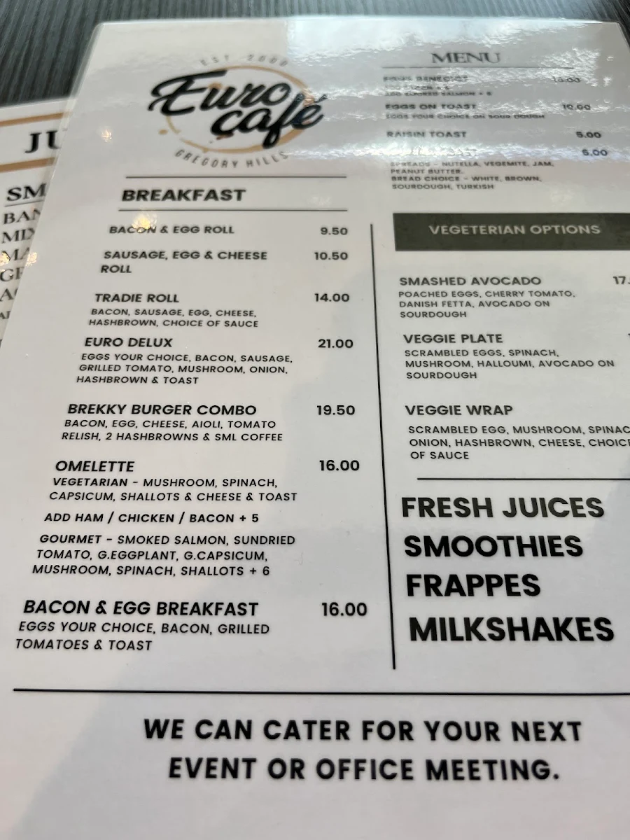 Menu, Euro Cafe Gregory Hills