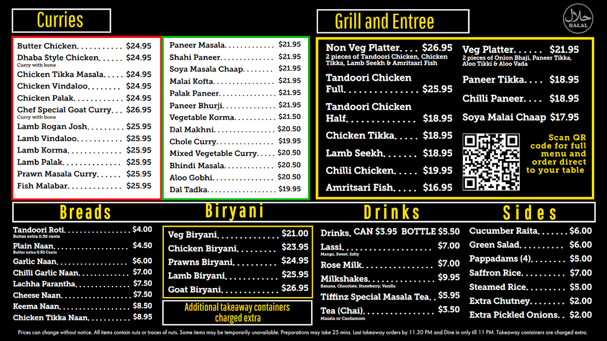 Menu, Tiffinz Chats and Curries