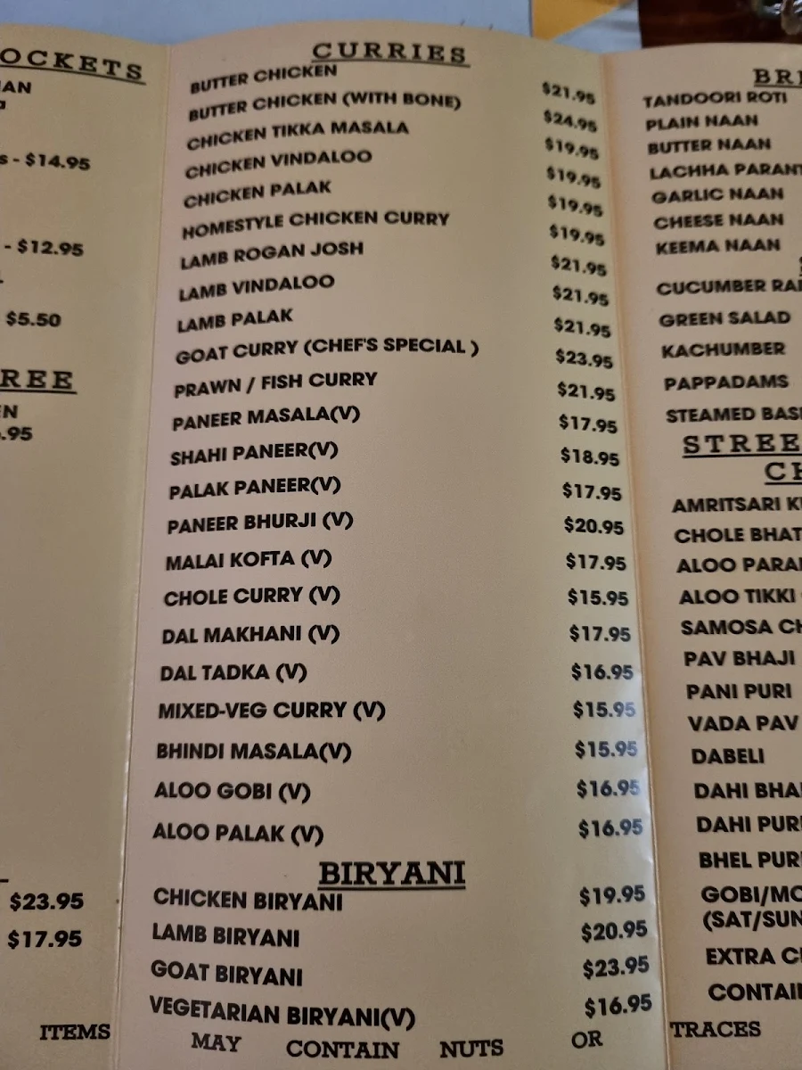 Menu, Tiffinz Chats and Curries