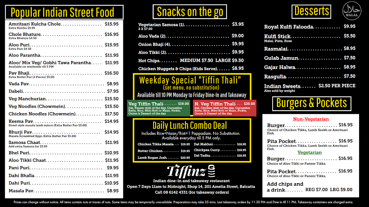 Menu, Tiffinz Chats and Curries