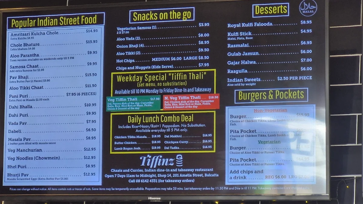 Menu, Tiffinz Chats and Curries
