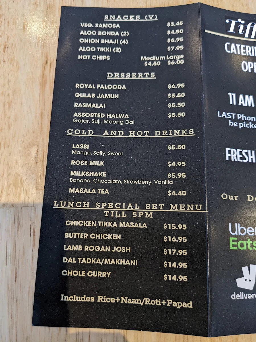 Menu, Tiffinz Chats and Curries