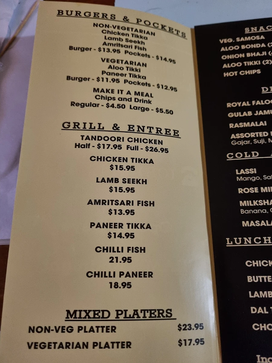 Menu, Tiffinz Chats and Curries