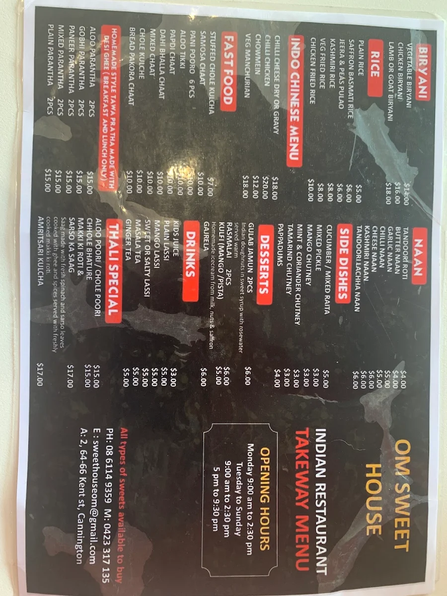 Menu, Om Sweet & Curry House