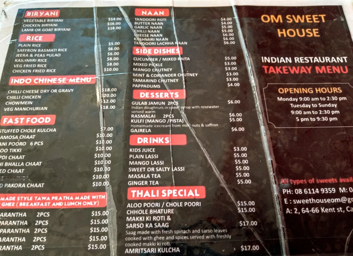 Menu, Om Sweet & Curry House