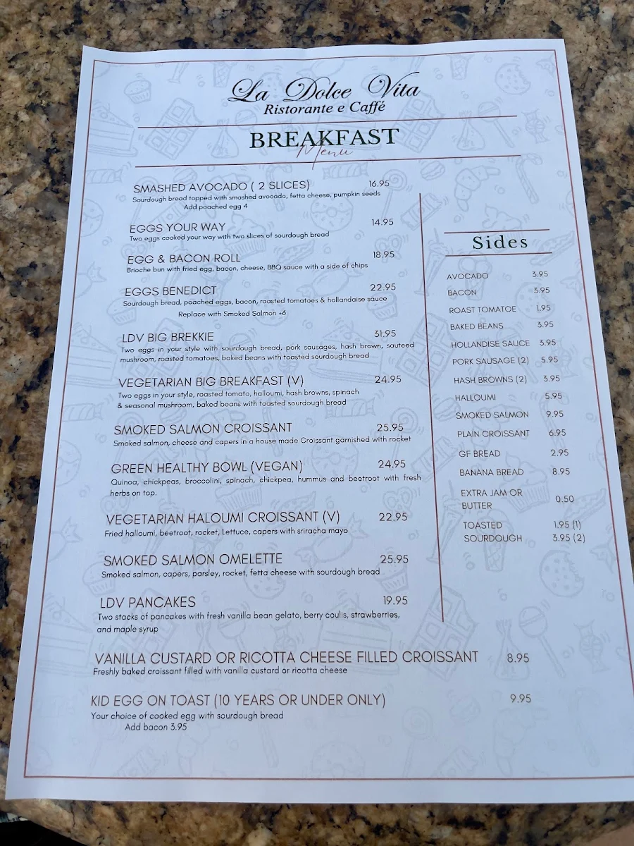 Menu, La Dolce Vita Ristorante