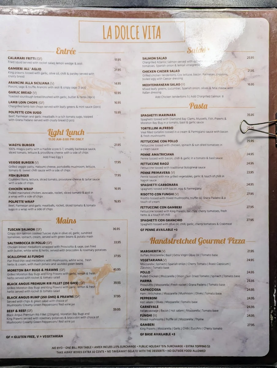 Menu, La Dolce Vita Ristorante
