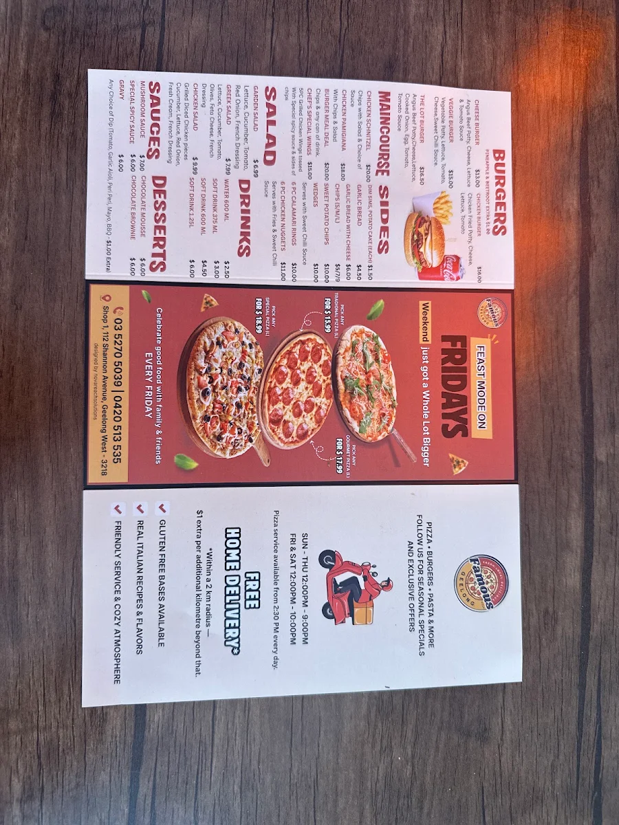 Menu, Famous Pizza Geelong