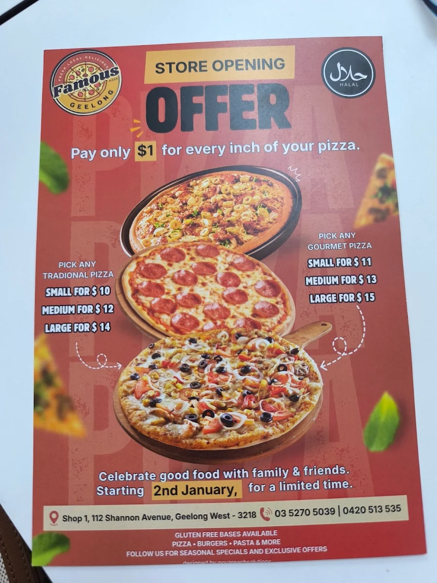 Menu, Famous Pizza Geelong