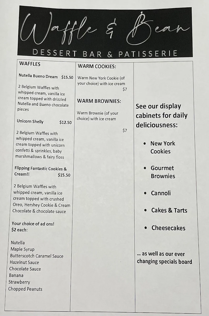Menu, Waffle & Bean Dessert Bar and Patisserie