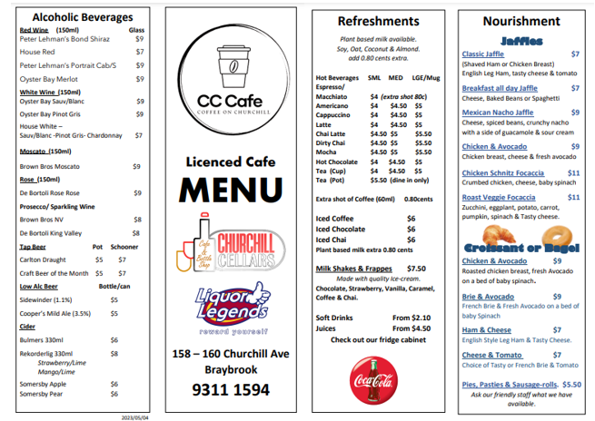 Menu, CC Cafe - Coffee on Churchill