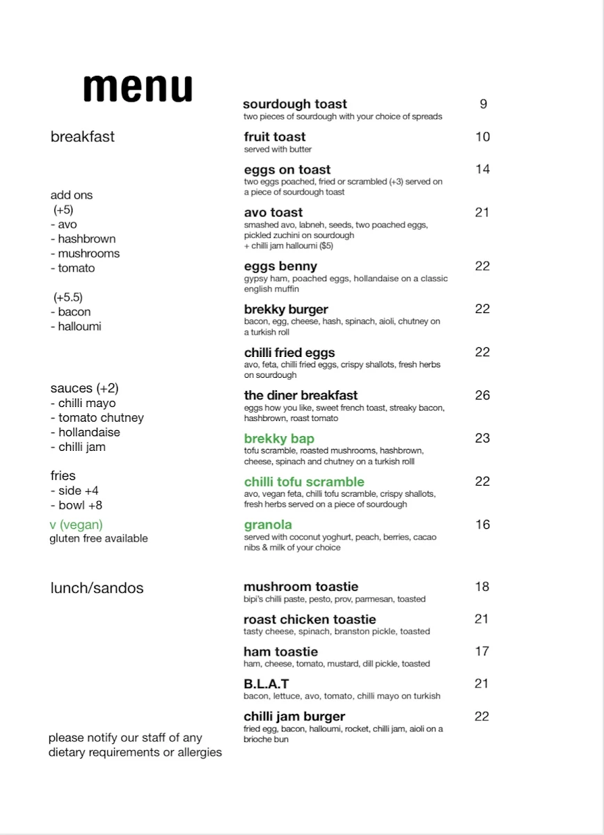 Menu, Daisy Coffee Shop
