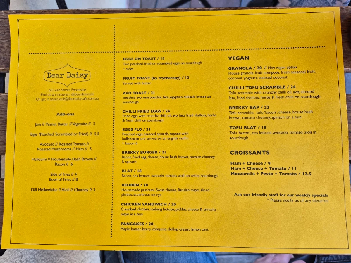 Menu, Daisy Coffee Shop