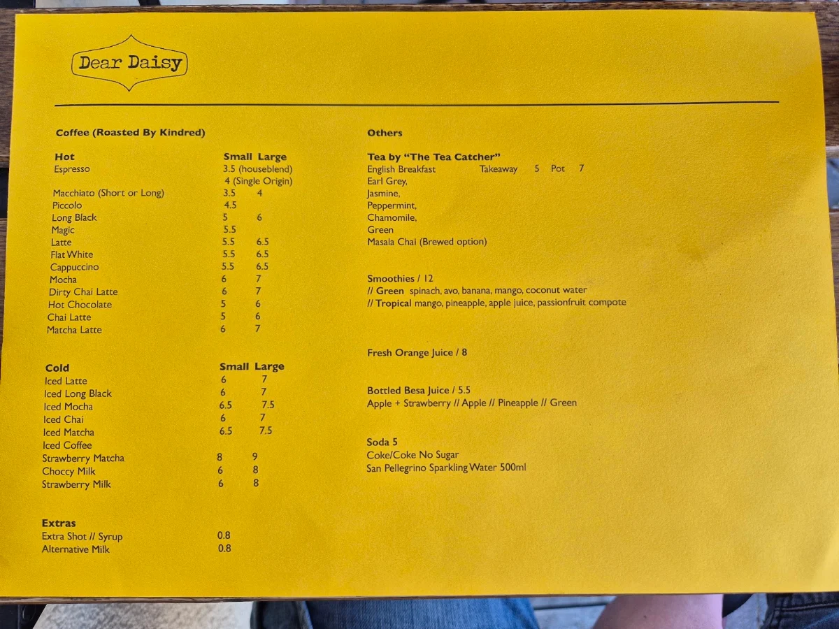 Menu, Daisy Coffee Shop