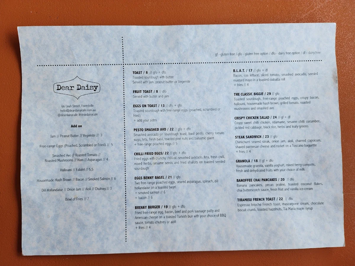 Menu, Daisy Coffee Shop