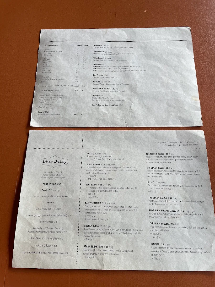 Menu, Daisy Coffee Shop
