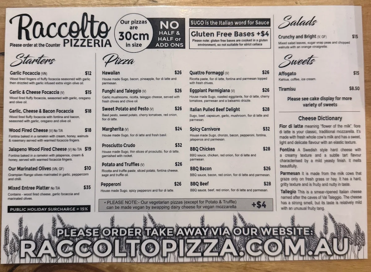 Menu, Raccolto Pizzeria