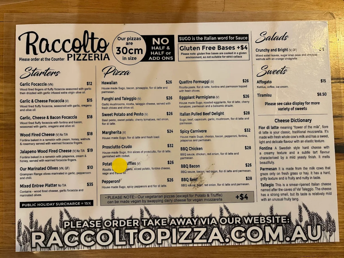 Menu, Raccolto Pizzeria