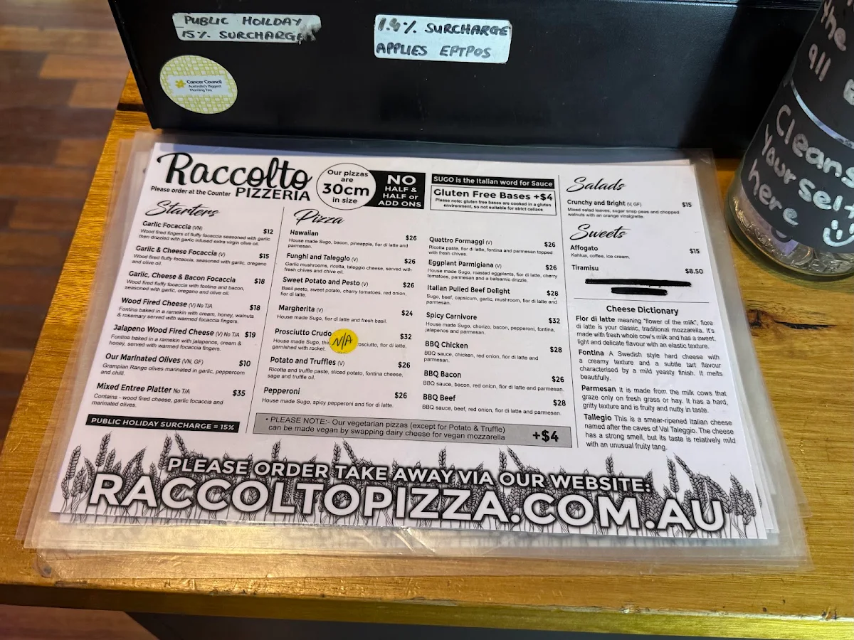 Menu, Raccolto Pizzeria