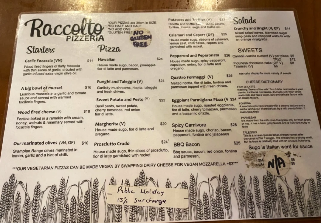 Menu, Raccolto Pizzeria