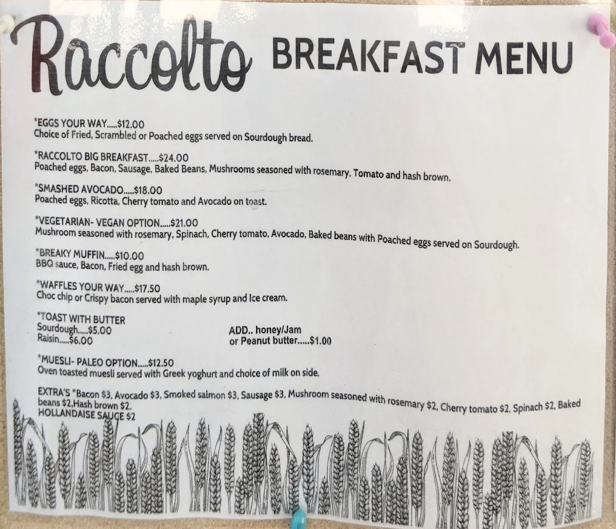 Menu, Raccolto Pizzeria