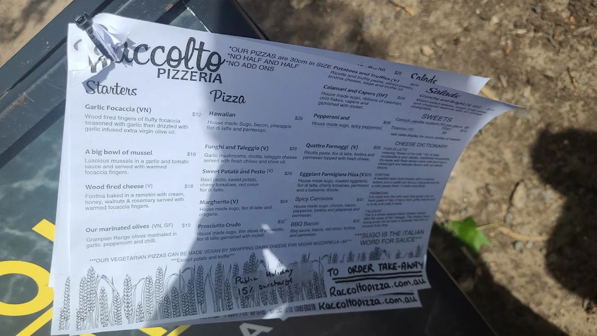 Menu, Raccolto Pizzeria