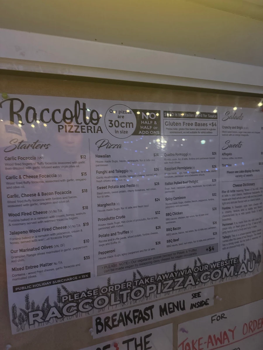 Menu, Raccolto Pizzeria