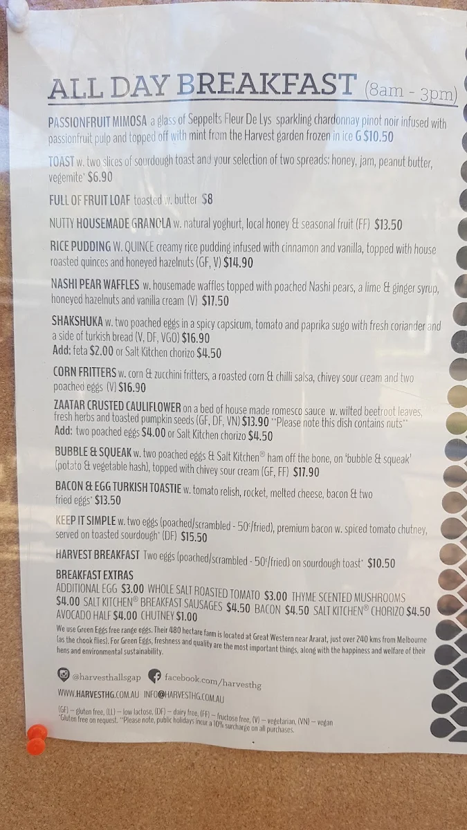 Menu, Raccolto Pizzeria