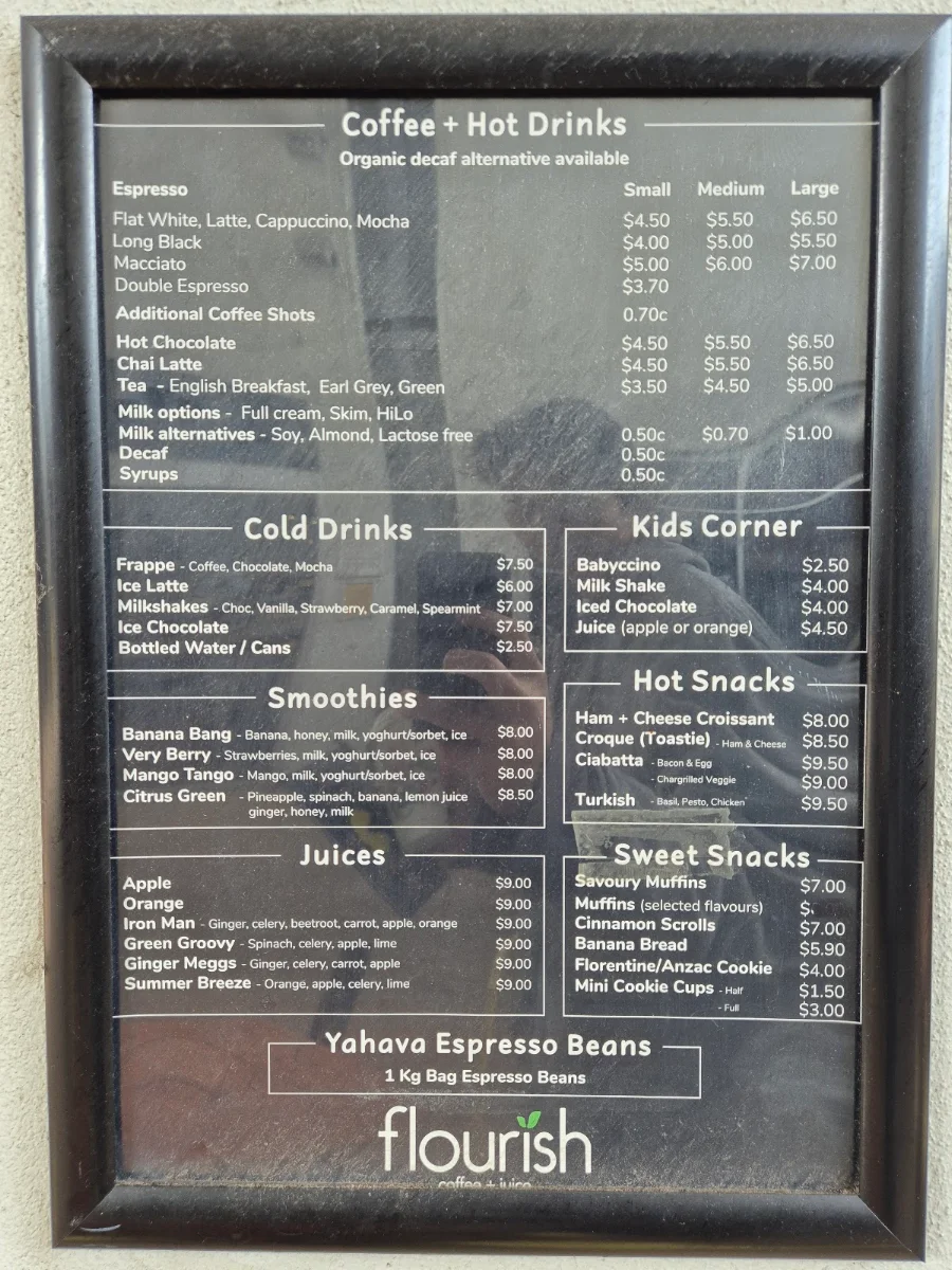 Menu, Flourish Coffee and Juice