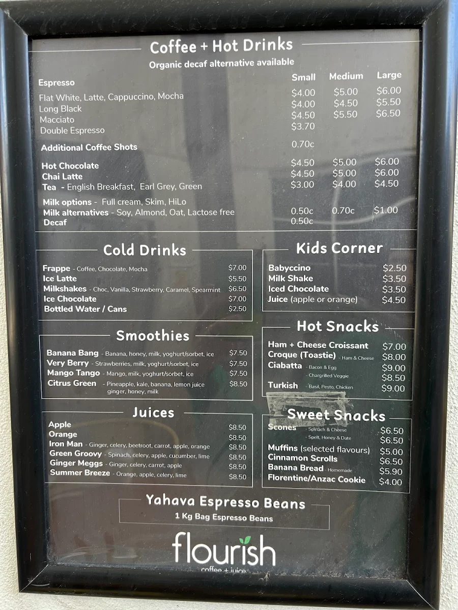 Menu, Flourish Coffee and Juice