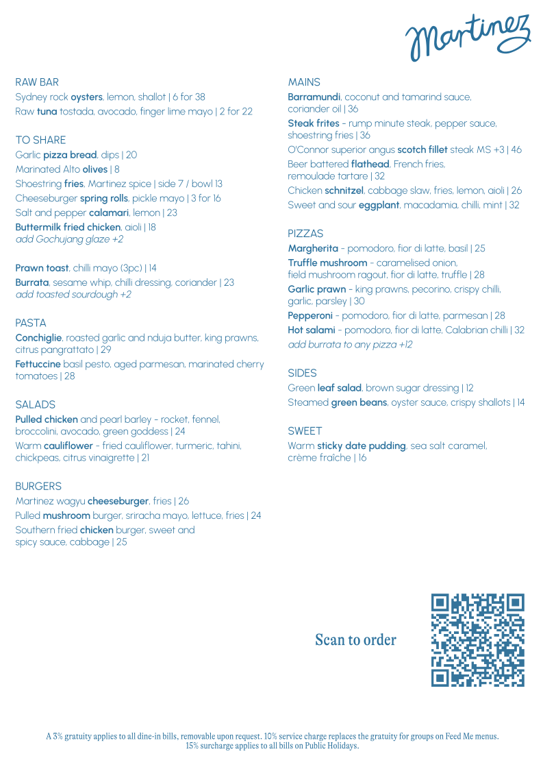 Menu, Martinez — Restaurant, Terrace and Bar